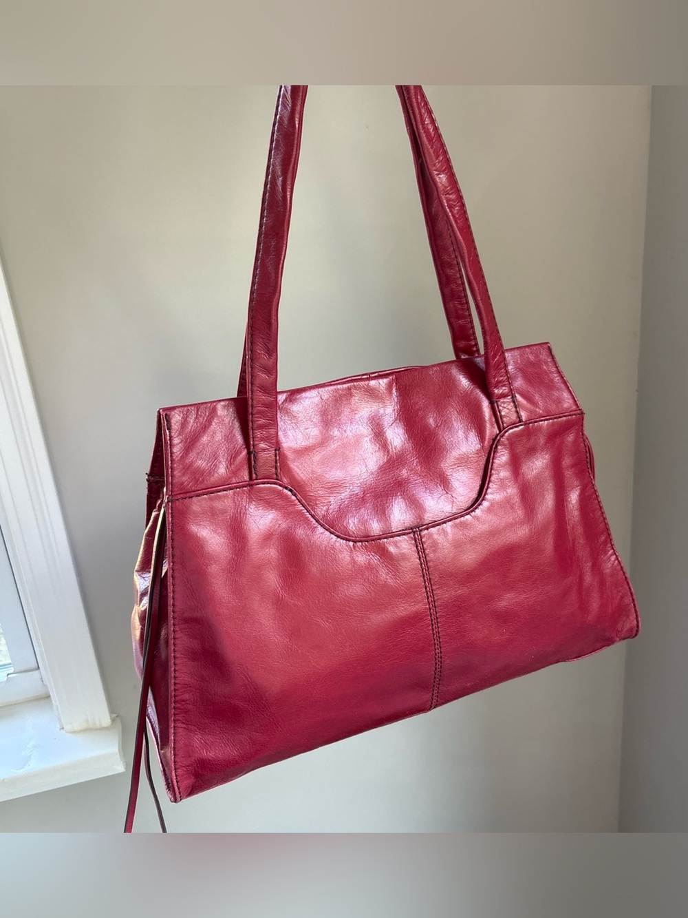 HOBO Red Leather Shoulder Bag with boho vibe floral interior